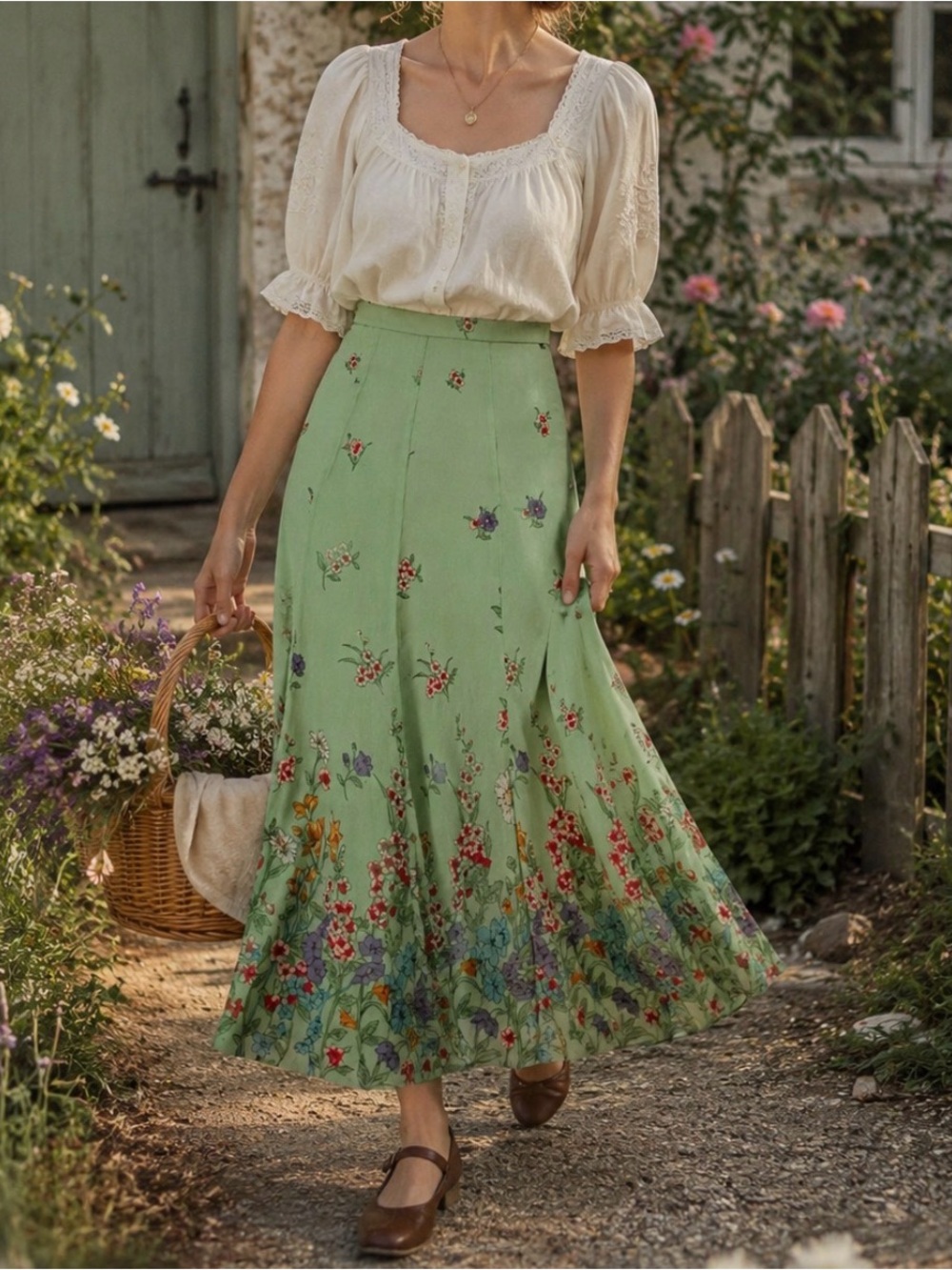 Coldwater Creek Lime Green Floral Border Maxi Skirt